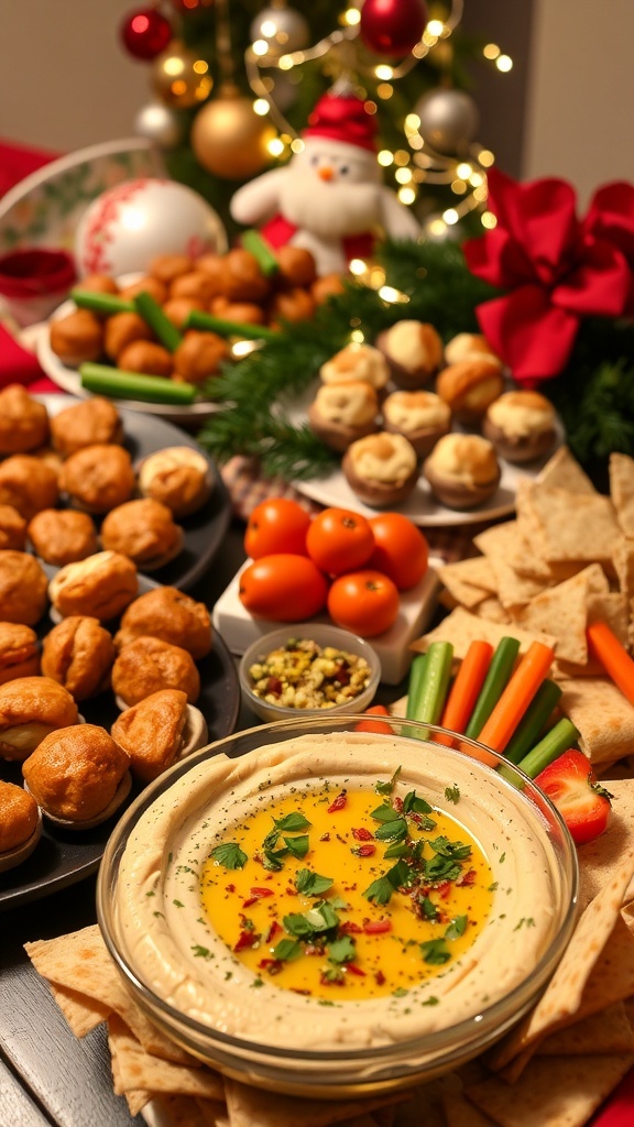 A festive display of meatballs, stuffed mushrooms, and hummus with vegetables on a holiday-themed table.